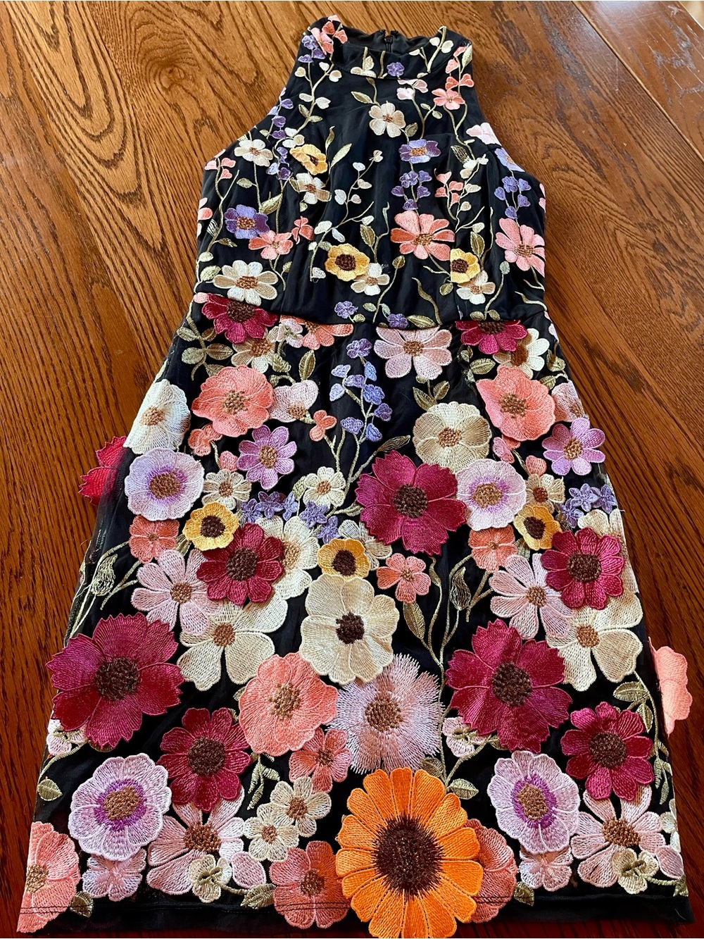 bebe Black Mini Dress with Multicolor Floral Embroidery